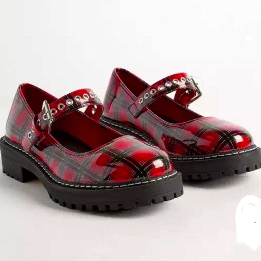 Torrid Glossy Red And Plaid Mary Jane Shoes! 13W. Worn Only Once